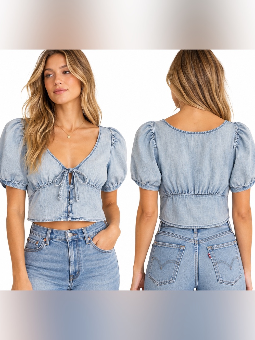 Levi’s Ari Resort Light Wash Denim Tie Front Puff Sleeve Crop Top-Small
